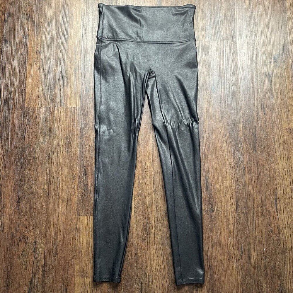 SPANX BLACK FAUX LEATHER LEGGINGS SZ L LARGE